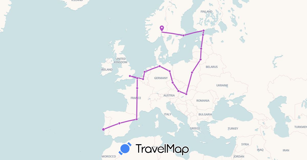 TravelMap itinerary: driving, train in Austria, Belgium, Czech Republic, Germany, Estonia, Spain, Finland, France, United Kingdom, Hungary, Lithuania, Latvia, Netherlands, Norway, Poland, Portugal, Sweden (Europe)